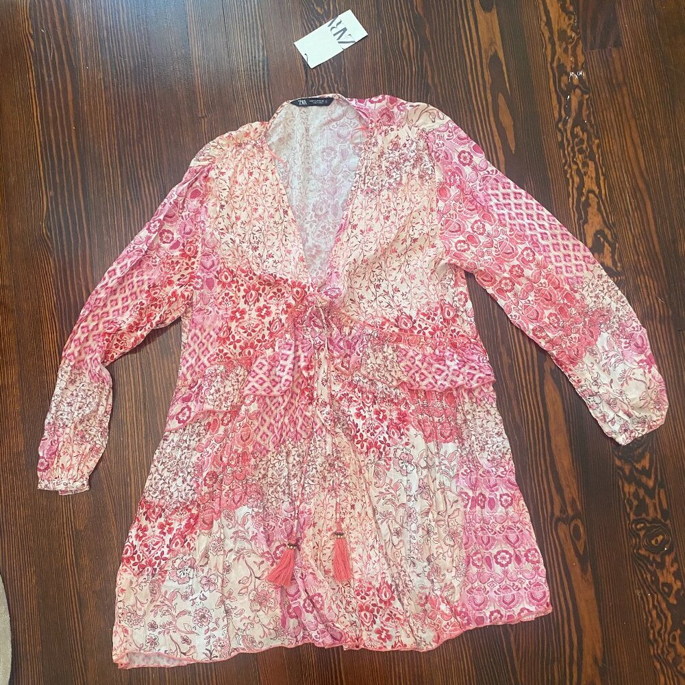 NWT Zara Dress Size Medium Pink Floral Paisley Satin Boho Short Mini